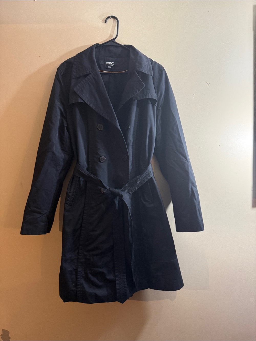 DKNY Navy Black Trench Coat with Waist Tie